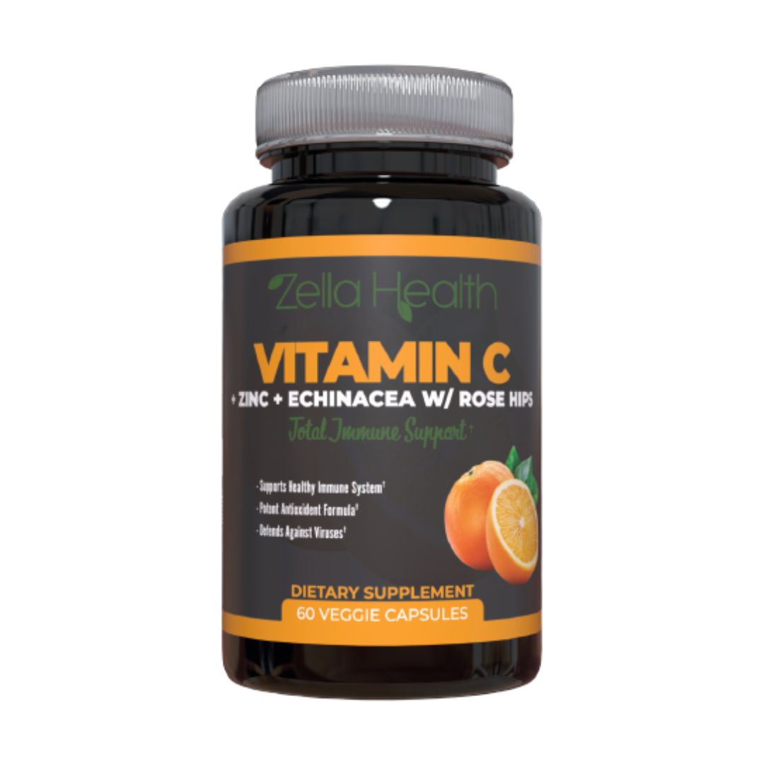 Vitamin C 1000mg + Zinc + Echinacea + Rose Hips - Total Immune Support - Supplement -  60 Veggie Capsules - Zella Health