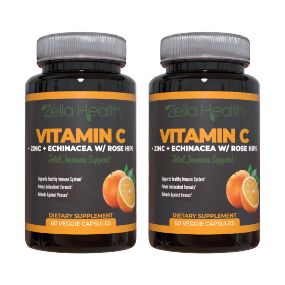 Vitamin C 1000mg + Zinc + Echinacea + Rose Hips - Total Immune Support - Supplement -  120 Veggie Capsules - Zella Health, 2 Bottles