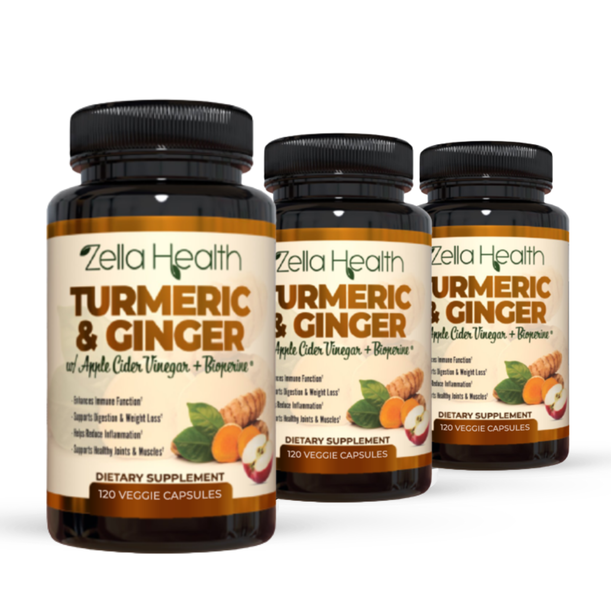 6 Month Supply Turmeric Curcumin with Ginger, Apple Cider Vinegar, Bioperine - 3 Bottles - 120 Veggie Capsules