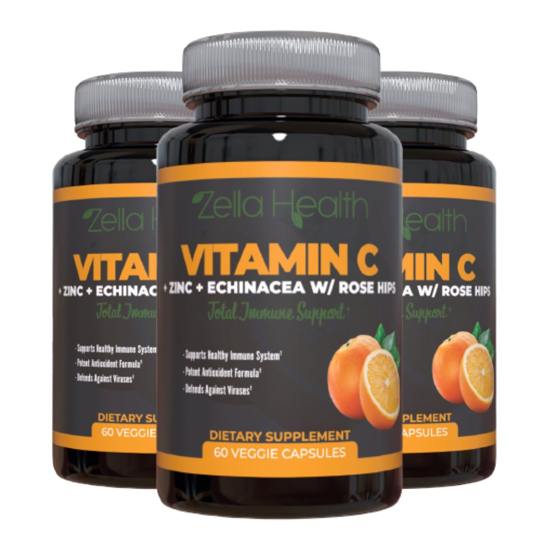 3 Bottles of Vitamin C 1000mg + Zinc + Echinacea + Rose Hips - Total Immune Support - Supplement -  60 Veggie Capsules - Zella Health