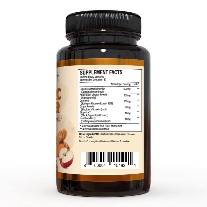 Turmeric Curcumin with Ginger, Apple Cider Vinegar, Bioperine, Natural Immune Support - Supplement - 60 Veggie Capsules - Zella Health