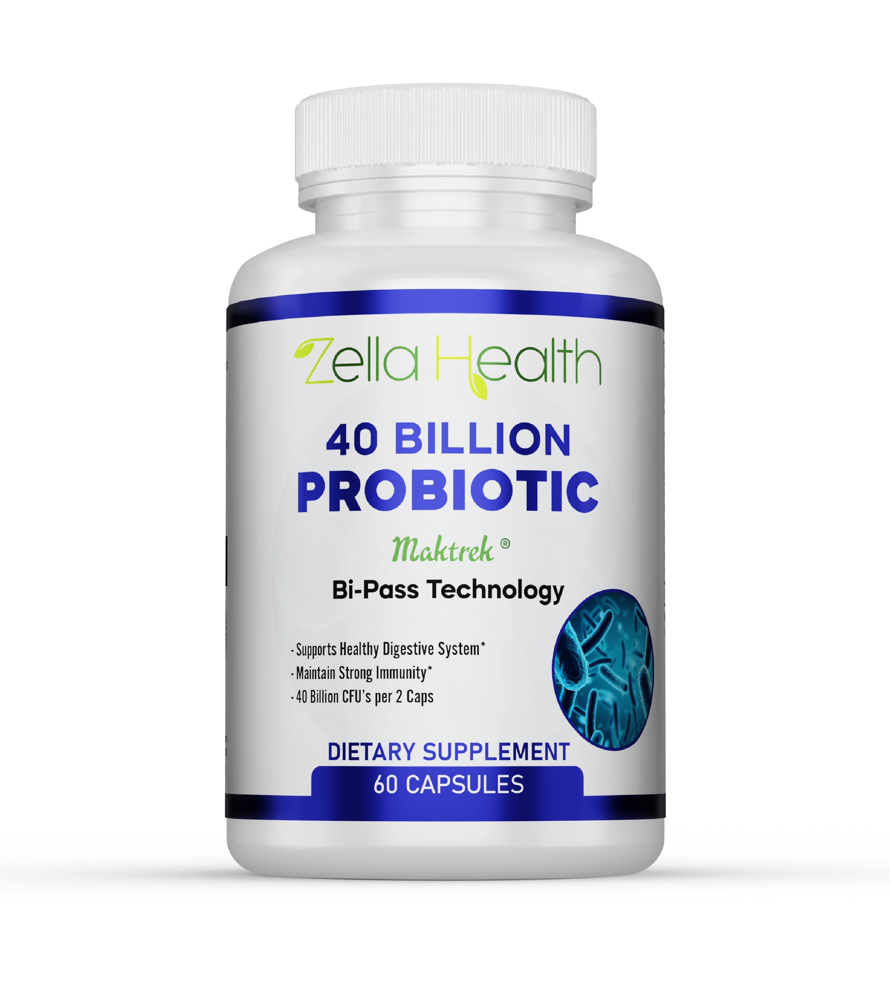 Probiotic 40 Billion CFU's w/ Maktrek Supports Healthy Digestion 60 Capsules Zella Health