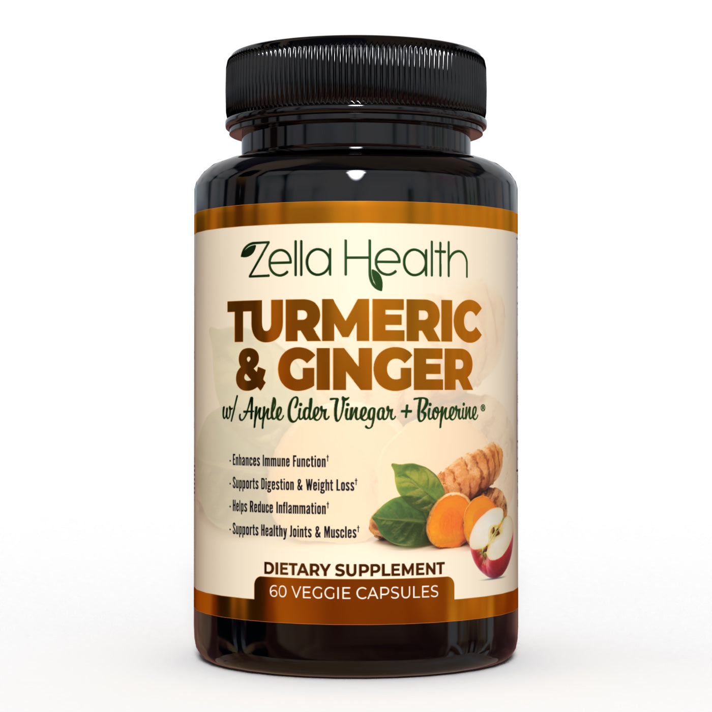 Turmeric Curcumin with Ginger, Apple Cider Vinegar, Bioperine, Natural Immune Support - Supplement - 60 Veggie Capsules - Zella Health