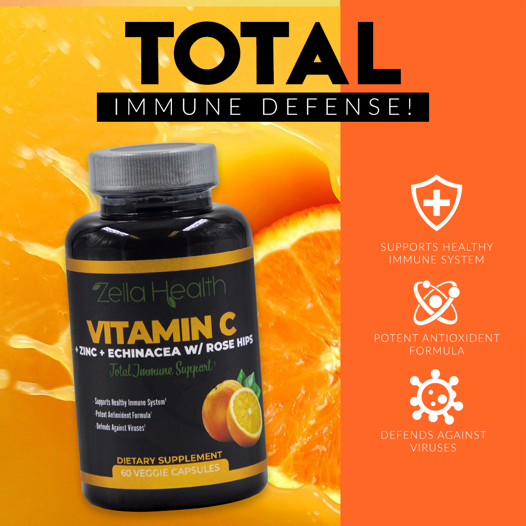 Vitamina C 1000 mg + Zinc + Equinácea + Escaramujo - Apoyo inmunológico total - Suplemento - 60 Cápsulas vegetales - Zella Health