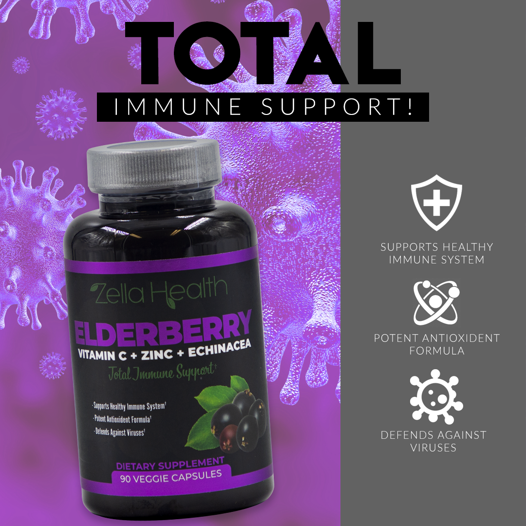 Elderberry - with Zinc, Vitamin C, and Echinacea - Supplement - Daily Immune Support - 90 Veggie Capsules - Zella Health